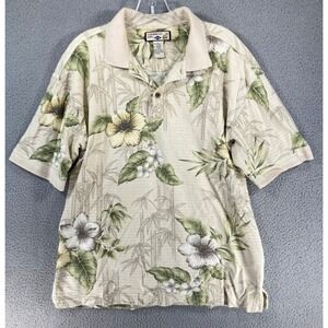 Caribbean Joe Polo Shirt Men's Large Beige Hawaiian Floral Vacation Golf Tourist